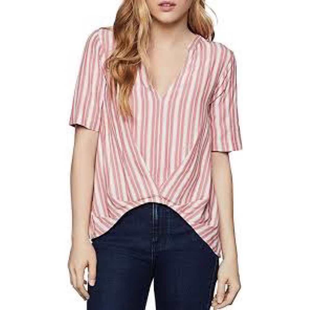 BCBGeneration Pink White Deep V Plunge High Low Short Sleeve Blouse Shirt Small